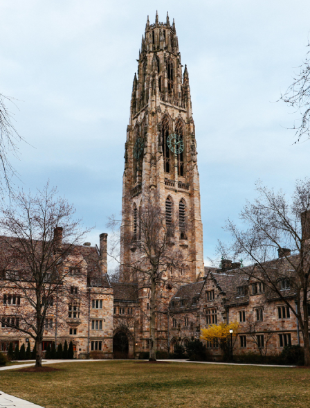 Columned building with Yale India Forum banners